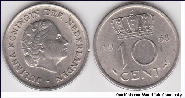 1958 Netherlands 10 Cent 