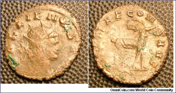 GALLIENUS
A.D. 253-268 	Æ Antoninianus. Rev. Æ Antoninianus. Rev. DIANAE CONS AVG, Stag walking Right. 2.7gm 21mm RCV 10201. RSC 157 
