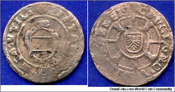 1 kreuzer (Rotkreuzer).
No dated, minted in 1621-22.
Austrian Tyrol.
Archduke Leopold V (1619-1632).
It is known that these same stamps were minted in a number of silver (bilon) kreutzers.
Hall mint.


Cu.