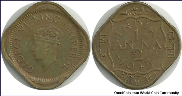 India-British ½ Anna 1945