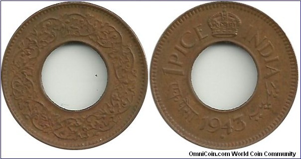 India-British 1 Pice 1943(Round Crown)
