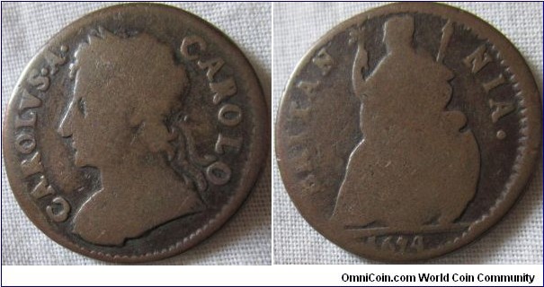 1674 farthing, Large R in CAROLO