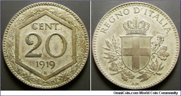 Italy 1919 20 cents overstruck over 1894 20 cents. Weight: 3.78g. 