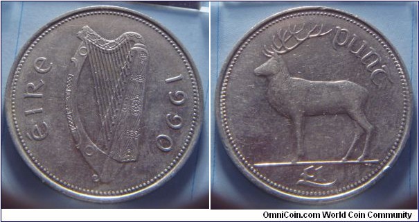 Ireland | 
1 Pound, 1990 | 
31.1 mm, 10 gr. | 
Copper-nickel | 

Obverse: Irish harp (Cláirseach), date right|
Lettering: éire 1990 | 

Reverse: Red deer, denomination above | 
Lettering: punt £1 |