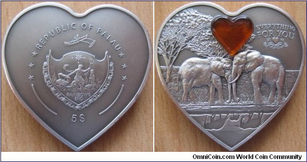 5 Dollars - Everything for you - 31.1 g Ag .999 antique finish (with amber heart) - mintage 999 pcs only