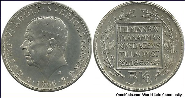 Sweden 5 Kronor 1966-Centennary of Constitution Reform