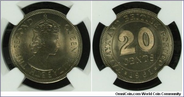 Malaya & British Borneo 20 Cents 1961 KM#3 MS66