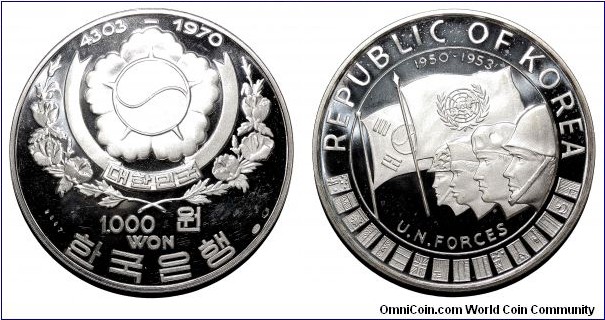 SOUTH KOREA~1,000 Won 1970. Silver proof:U.N. Forces 1950-1953 *VERY SCARCE*
