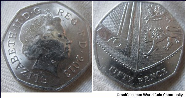 2013 50p with greased or worn die error on obverse