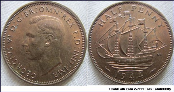1944 halfpenny in EF grade with full lustre
