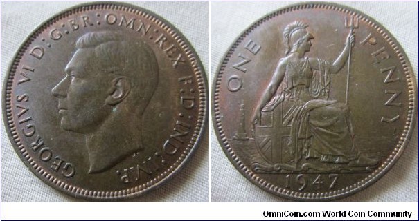 1947 penny, possibly darkened AUNC or just toned