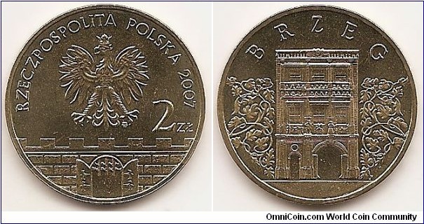 2 Zlote
Y#615
8.1500 g., Brass, 27 mm. Subject: Historical Cities in Poland Obv: In the central part of the image of the Eagle established as the State Emblem of the Polish Republic. On the right side the inscription: 2Zł. A semicircular inscription: RZECZPOSPOLITA POLSKA and the year of issue, 2007. Below the Eagle, a stylized fragment of the old city wall with battlements and from the gateway of the gaping gate, with a raised trellis in the lumen. Under the left talon of the Eagle the Mint mark: MW Rev: A fragment of the portal gates of the Castle of the Silesian Piast Dynasty Castle in Brzeg. On the left and right side doors, stylized images of plant ornaments. At the top, a semicircular inscription: BRZEG Edge: an inscription: NBP, repeated eight times, every second one inverted by 180 degrees, separated by stars. Obv. designer: Ewa Tyc-Karpińska Rev. designer: Urszula Walerzak