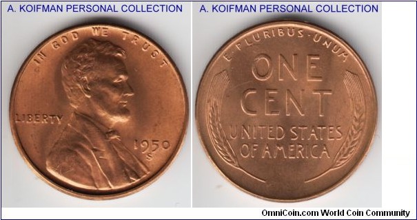 KM-A132, 1950 Unites States of America cent, San Francisco mint (S mint mark); bronze, plain edge; nice red high grade specimen.