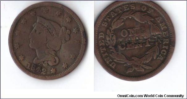 Braided Hair Large Cent, Counterstamped either J. or S. Harper