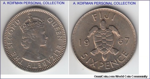 KM-19, 1967 Fiji 6 pence; copper-nickel, reeded edge; bright uncirculated.