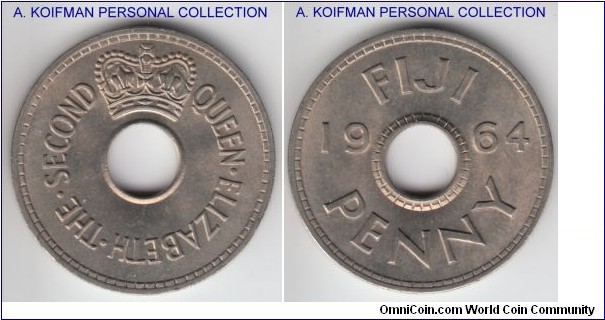 KM-21, 1964 Fiji penny; copper-nickel, plain edge; original lustre, nice.