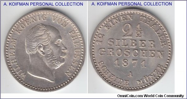 KM-486, 1871 Prussia 2 1/2 silver groschen, belin mint (A mint mark); silver, (weakly) reeded edge; uncirculated specimen, struck witht he freashly cleaned dies and what is unusual it is either overstruck over some other coin or has a struck through as part of 5 is clearly seen on the neck, interesting piece albeit very common.