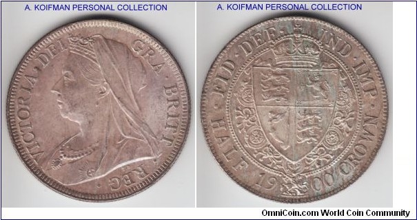 KM-782, 1900 Great Britain 1/2 crown; silver, reeded edge; nice mint state specimen, light streaky toning, very nice coin.