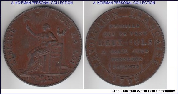 KM-Tn25, MAZ-157, 1792 France 2 sols token; bronze, lettered edge; EDGE: oooooooo LA. CONFIANCE. AUGMENTE LA. VALEUR; issued by Monneron, design by Augustine Dupre, pleasant almost uncirculated specimen.