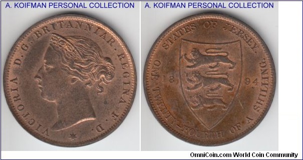 KM-7, 1894 jersey 1/24'th of a shilling; bronze, plain edge; red brown uncirculated Jersey half penny equivalent, nice.