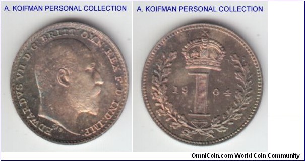 KM-795, 1904 Great Britain maundy penny; silver, plain edge; bright uncirculated.