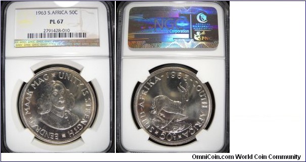 KM-62, 1963 South Africa (Republic) 50 cents; proof like, silver, reeded edge; bright and nice, NGC graded PL67.