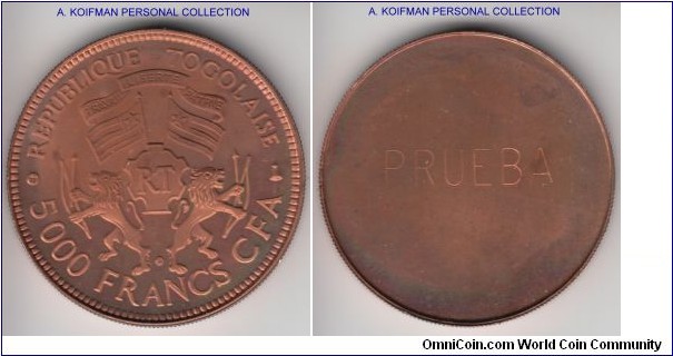 KM-TS1, 1977 Togo 5000 francs KM-8 trial PRUEBA strike; copper, reeded edge, proog; some toning more notabe on obverse, mintage of 10 pieces listed.