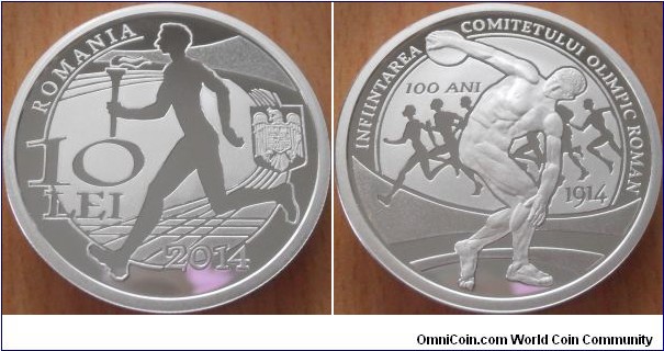 10 Lei - Centenary of Romanian olympic commitee - 31.1 g 0.999 silver Proof - mintage 250 pcs only !