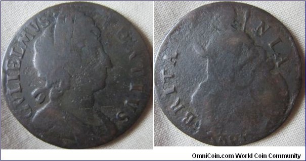 1697 halfpenny, extremely rare BRITA NIA type (missing N)
