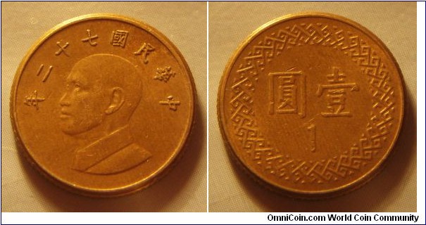 Taiwan | 
1 Dollar, 1983 (72) | 
20 mm, 3.8 gr. | 
Aluminium-bronze | 

Obverse: Chiang Kai-Shek facing left, date above | 
Lettering: 年二十七國民華中 | 

Reverse: Denomination | 
Lettering: 圓壹 1 |