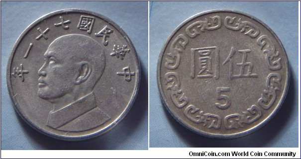 Taiwan | 
5 Dollars, 1982 (71) | 
22 mm, 4.4 gr. | 
Copper-nickel | 

Obverse: Chiang Kai-Shek facing left, date above | 
Lettering: 年一十七國民華中 | 

Reverse: Denomination | 
Lettering: 圓伍 5 |