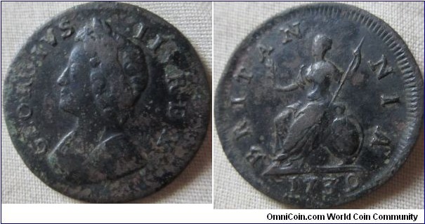 1739 farthing, nice details some corrosion