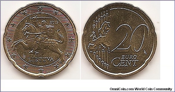 20 Euro cent KM#209 5.7400 g., Brass, 22.25 mm. Obv: the symbol from the emblem of the Lithuanian State — Vytis, and it is surrounded by the inscriptions LIETUVA (Lithuania), 2015 and twelve stars — a background of horizontal lines Rev: Large value at left, modified outline of Europe at right. Obv. designer: Antanas Žukauskas Rev. designer: Luc Luycx