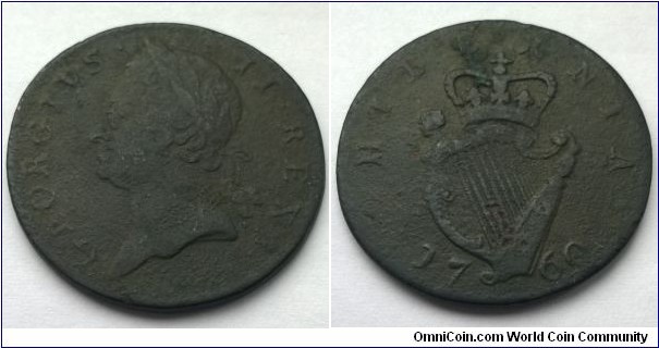 George II 1760 Hibernia (Ireland) Half Penny. VG - F.