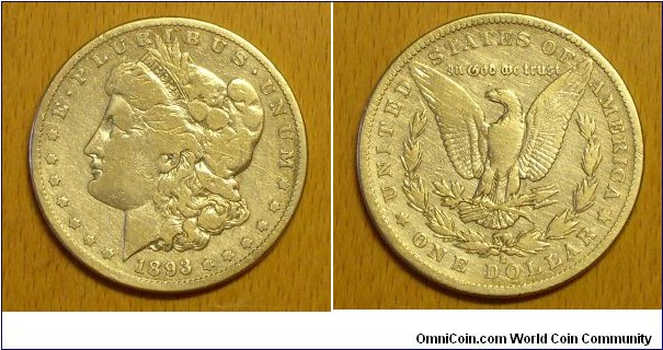 Morgan Dollar 1893 S. Normal mintmark S. Normal positioned date. 