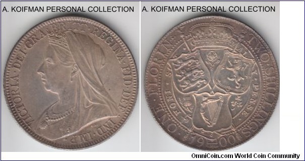 KM-781, 1900 Great Britain florin (two shillings); silver, reeded edge; toned, nice looking uncirculated coin.