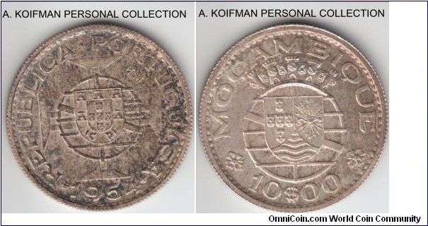 KM-Pr34, 1954 Portuguese Mozambique (colony) 10 escudos; prova, silver, reeded edge; heavily toned on obverse, nicer toning on reverse, uncirculated.