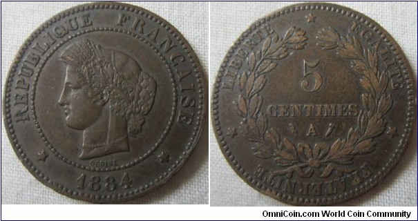 1884 A 5 centime 1,680,000 minted, VF
