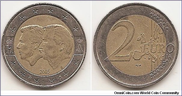 2 Euro
KM#240
8.5000 g., Bi-Metallic Nickel-Brass center in Copper-Nickel ring, 25.75 mm. Subject : Belgium-Luxembourg Economic Union Obv: The effigies of Grand Duke Henri of Luxembourg and King Albert II of Belgium are depicted in profile (from left to right) in the centre of the coin, above the year of issue, 2005. The engraver's initials, ‘LL', appear to the lower right. The two effigies and the date are surrounded by the outer ring bearing the 12 stars of the EU and the monograms of Grand Duke Henri on the left and of King Albert II on the right. The mintmarks appear between two stars near the bottom of the coin. Rev: Large value at left, modified outline of Europe at right. Edge: Reeded with 2 and ** repeated six times. Designer: Luc Luycx