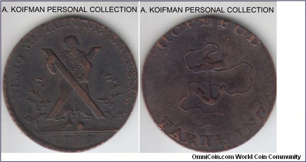 D&H(Lothian)#68, 1792 Great Britain Scotland Edinburgh (Lothian) farthing; copper, diagonally reeded edge; dark brown, good fine plus to very fine, slight off center strike, obv: St Andrew with cross between thistles: “NEMO ME IMPUNE LACESSIT 1792”, rev: Anchor attached to cable: “HOPEFUL FARTHING”.