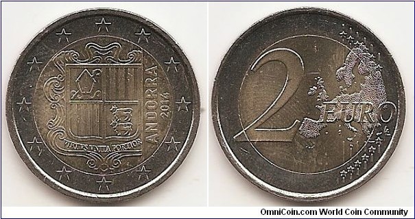 2 Euro
KM#527
8.5000 g., Bi-Metallic Nickel-Brass center in Copper-Nickel ring, 25.75 mm. Obv: coin shows the coat of arms of Andorra with the motto 