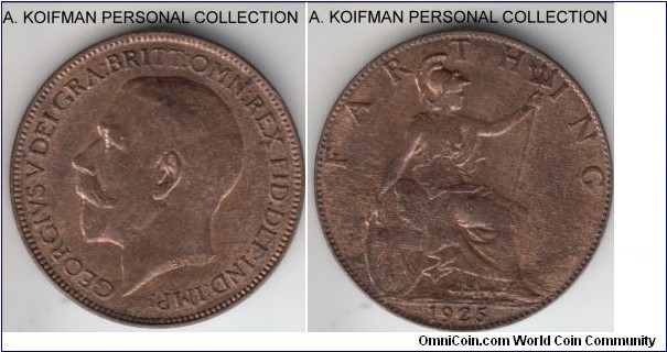 KM-808.2, 1925 Great Britain farthing; bronze, plain edge; light brownish, typical mottled toning and weaker strike, but mint state