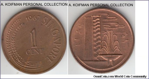 KM-1, 1967 Singapore cent; bronze, plain edge; red (reverse) brown (obverse) average uncirculated.