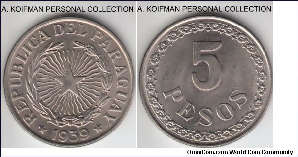 KM-18, 1939 Paraguuay 5 pesos; copper-nickel, reeded edge; uncirculated, full original luster.