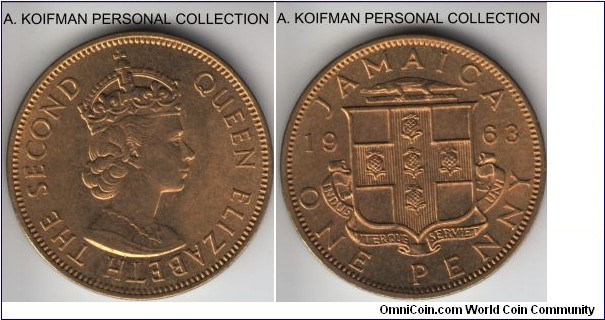 KM-37, 1963 Jamaica penny; nickel-brass, plain edge; red uncirculated, scarce and expensive despite the relatively high mintage numbers.