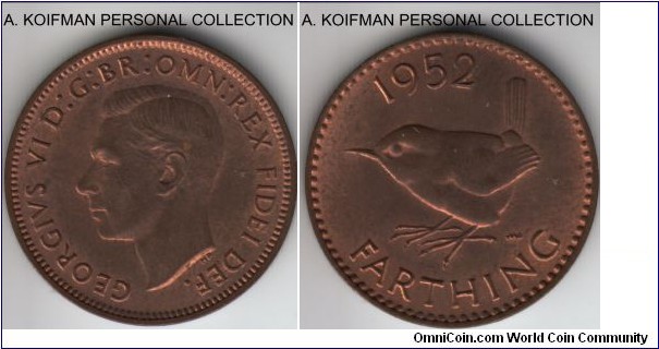 KM-867, 1952 Great Britain farthing; bronze, plain edge; red brown average uncirculated.