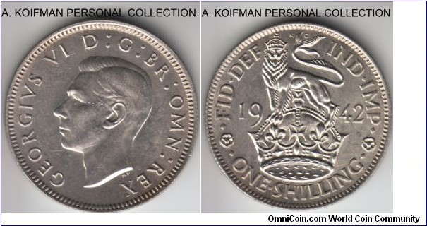 KM-853, 1942 Great Britain shilling, English crest; silver, reeded edge; average uncirculated.