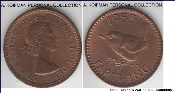 KM-895, 1955 Great Britain farthing; bronze, plain edge; mostly brown, pleasant high grade uncirculated.