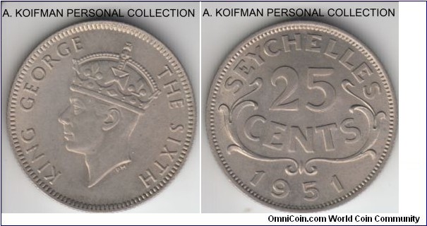 KM-9, 1951 Seychelles 25 cents; copper-nickel, reeded edge; muted toned uncirculated, mintage 36,000.