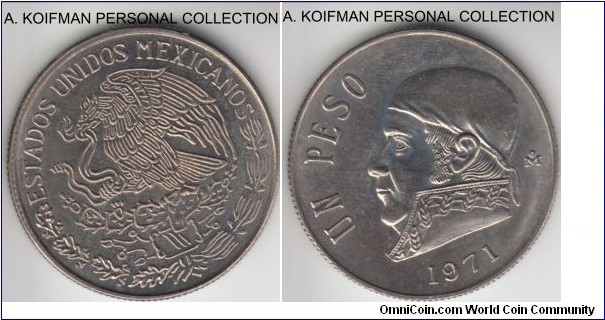 KM-460, 1971 Mexico peso; copper-nickel, reeded edge; average uncirculated or about.